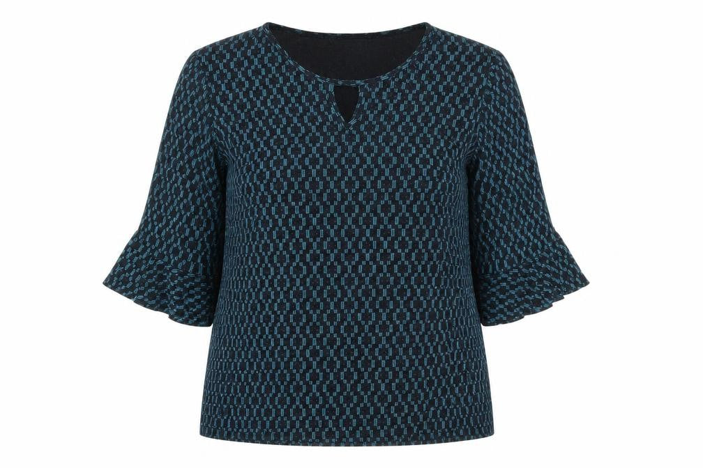 Front view of Bassini women’s blue round neck geometric nylon jumper, size UK 16