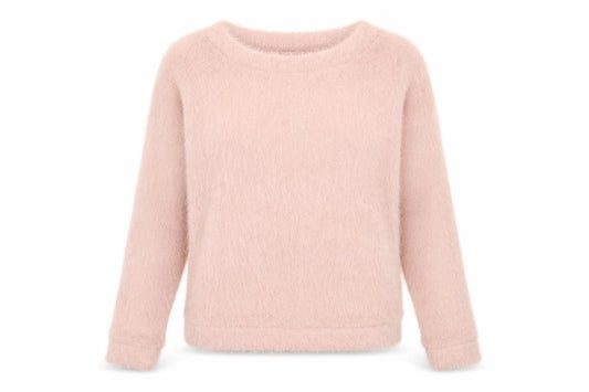 Front view of Next women’s pink crew neck polyester jumper, size UK 12