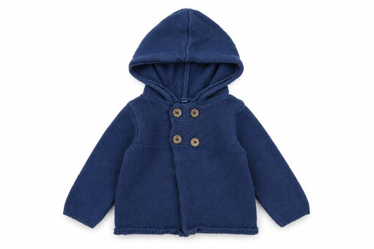 Front view of BHS girls’ blue cotton jumper, size 6-9, months button