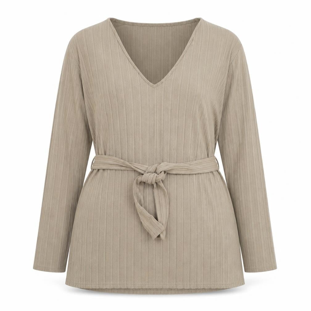 Front view of Papaya women’s brown v-neck polyester jumper, size UK 16