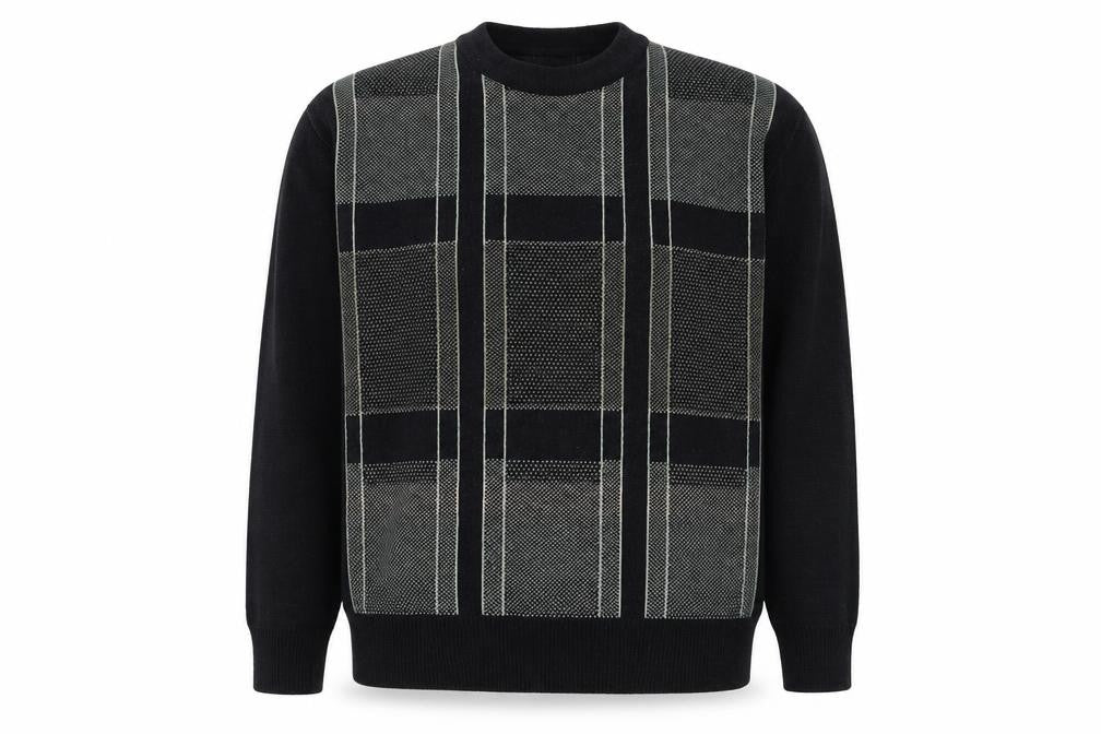 Front view of High Profile men’s black round neck check acrylic jumper, size S