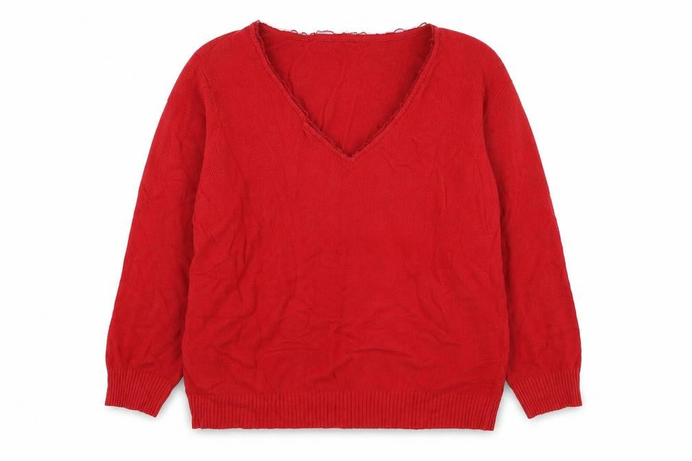 Front view of Marks and Spencer women’s red round neck viscose jumper, size UK 20