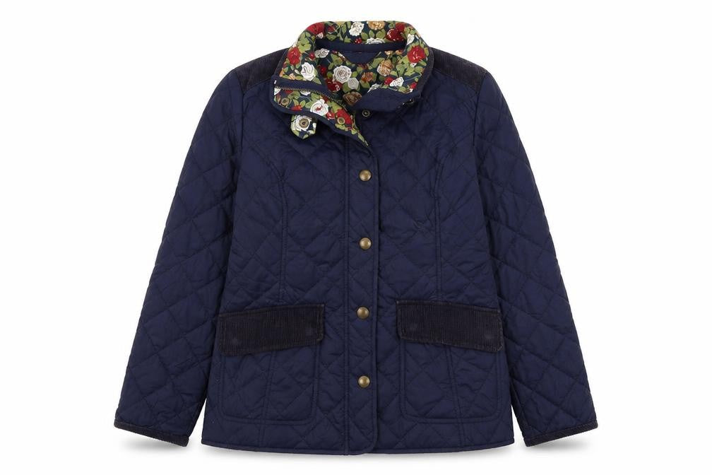 Front view of Avenue women’s blue quilted coat, size S, zip
