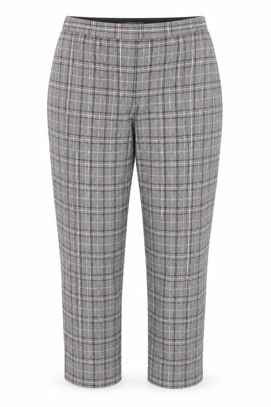 Front view of Primark women’s multicoloured plaid polyester capri trousers, size UK 8, 24.5-inch leg regular zip