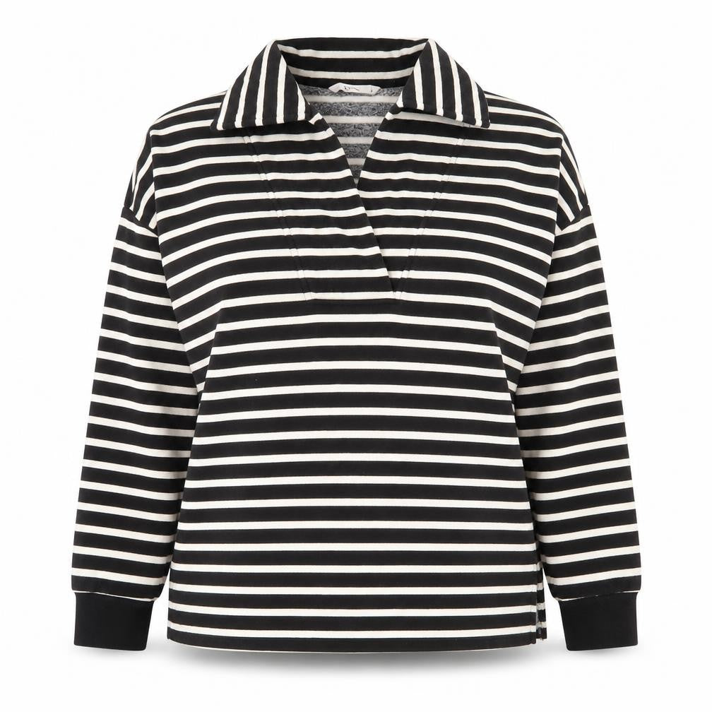Front view of Tu women’s black striped cotton pullover sweatshirt, size UK 8, pullover