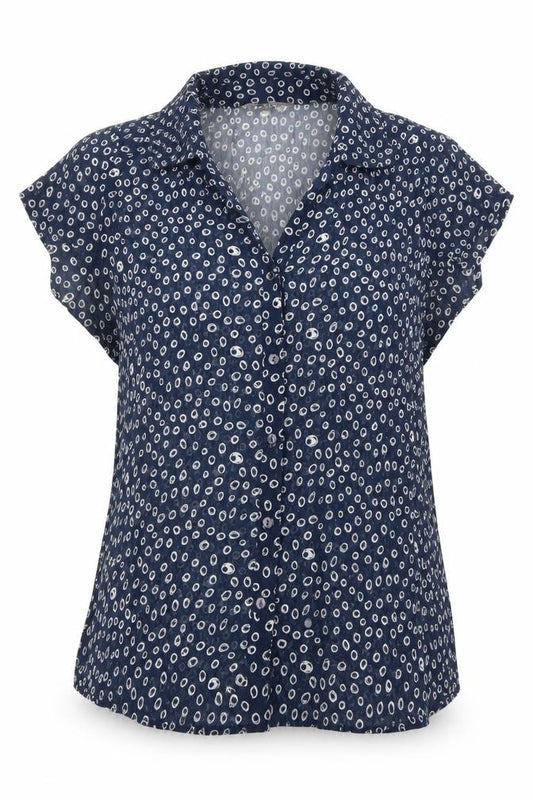 Front view of Katrin women’s blue geometric polyester basic button-up, size UK 14, collared