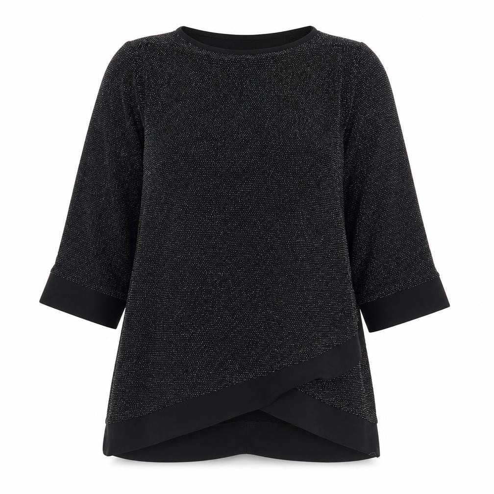 Front view of Quiz women’s black nylon basic t-shirt, size UK 10, round neck