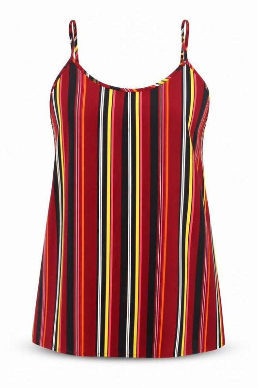 Front view of Simply Be women’s multicoloured striped polyester basic tank, size UK 14, scoop neck