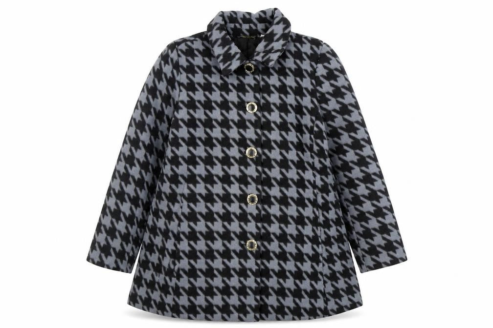 Front view of Bob Marcke women’s multicoloured houndstooth overcoat coat, size L, button
