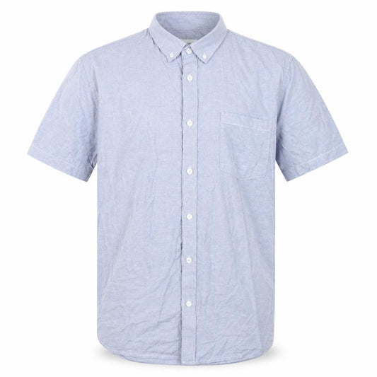 Front view of Burton men’s blue cotton button-up, size L, collared button