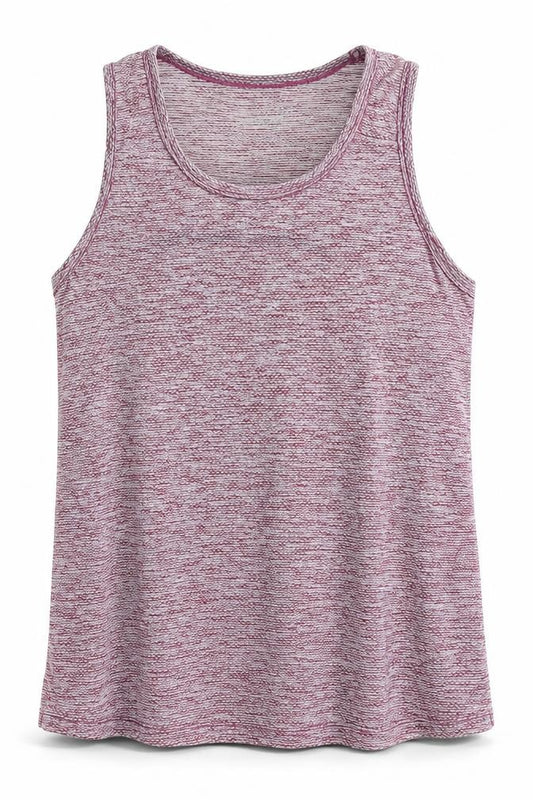 Front view of Dunnes women’s purple geometric 100% polyester basic tank, size UK 8, scoop neck pullover