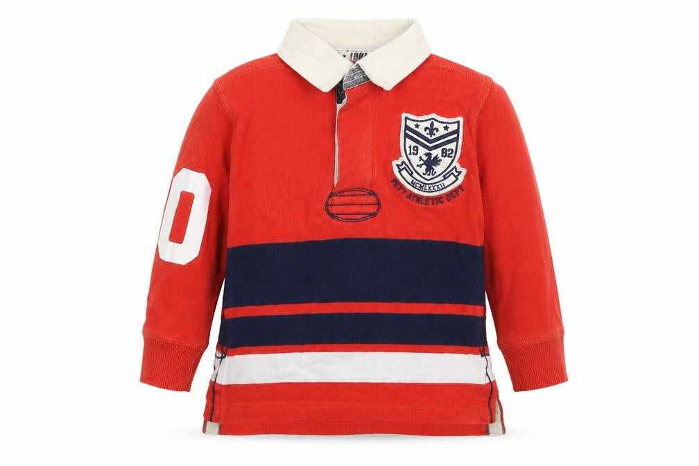Front view of Next boys’ red colourblock 100% cotton pullover polo, size 3, years collared button