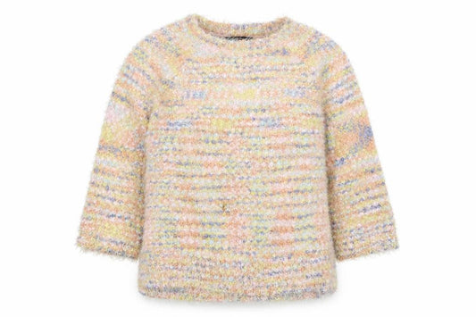 Front view of Miss Selfridge women’s multicoloured crew neck polyester jumper, size UK 8