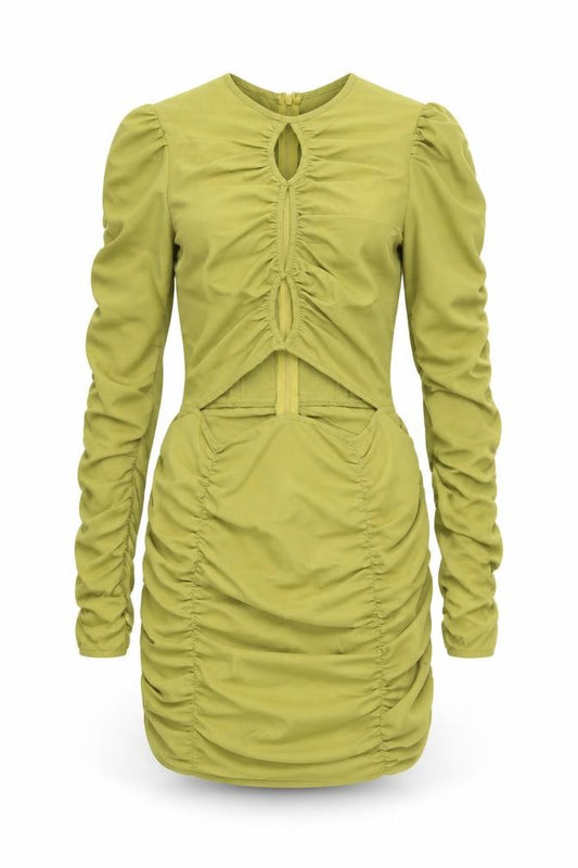 Front view of PRETTYLITTLETHING women’s green polyester bodycon, size UK 8, crew neck zip