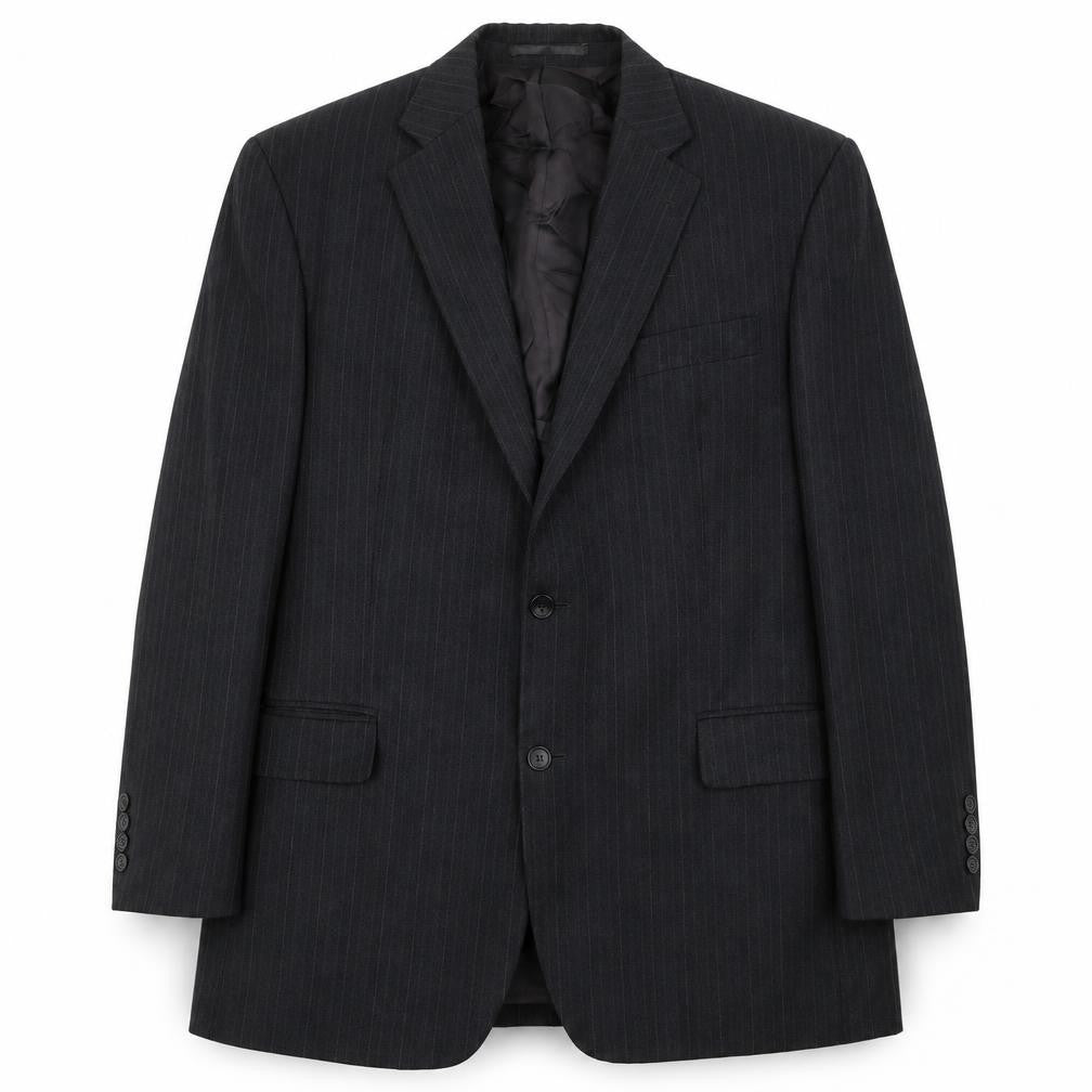 Front view of HR Tailoring men’s grey striped wool jacket suit jacket, size 42