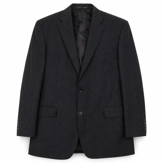 Front view of HR Tailoring men’s grey striped wool jacket suit jacket, size 42
