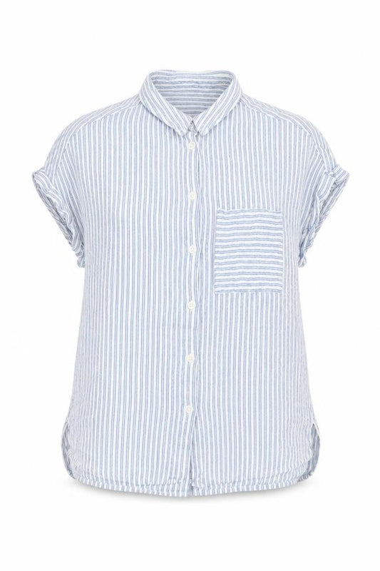 Front view of New Look women’s blue striped viscose basic button-up, size UK 10, collared