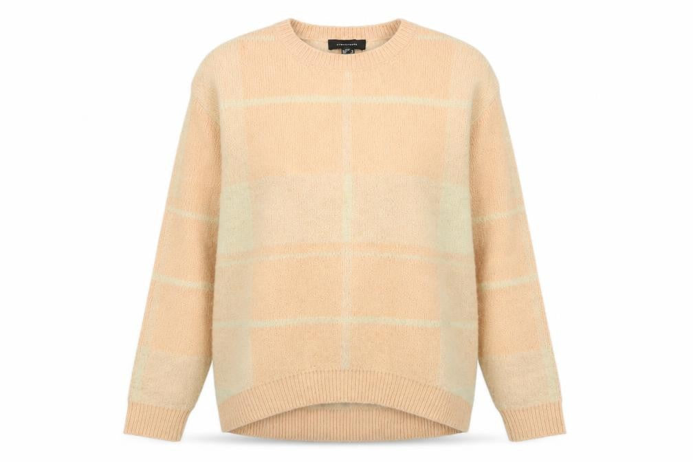 Front view of Atmosphere women’s pink crew neck plaid acrylic jumper, size UK 4