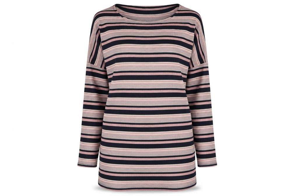 Front view of F&F women’s pink striped polyester a-line, size UK 10, crew neck pullover