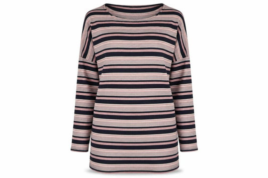 Front view of F&F women’s pink striped polyester a-line, size UK 10, crew neck pullover