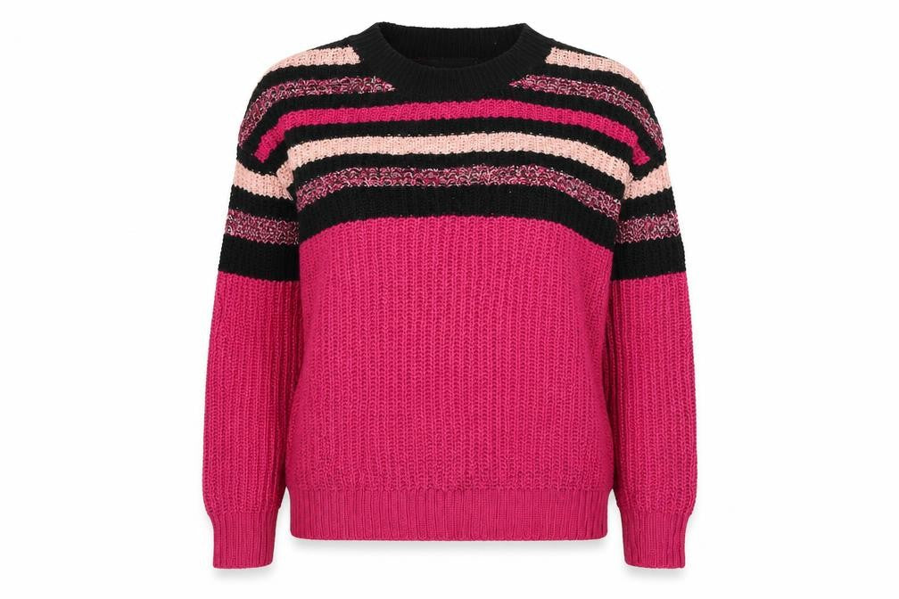 Front view of Studio women’s purple crew neck striped acrylic jumper, size UK 12