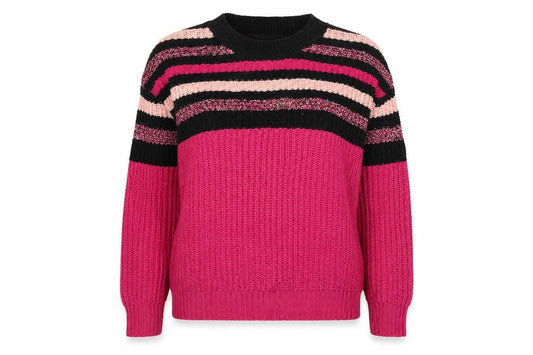Front view of Studio women’s purple crew neck striped acrylic jumper, size UK 12