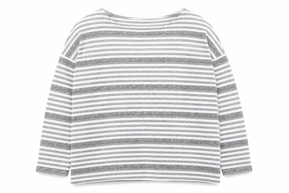 Front view of Tu women’s grey round neck striped polyester jumper, size UK 14