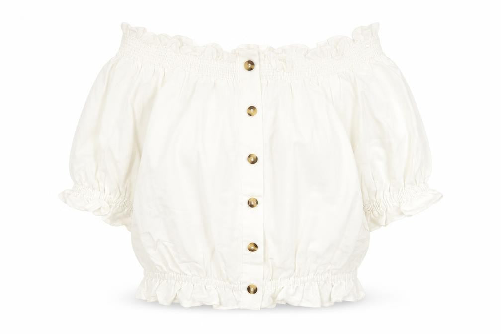 Front view of H&M women’s white viscose basic blouse, size UK 8, off the shoulder