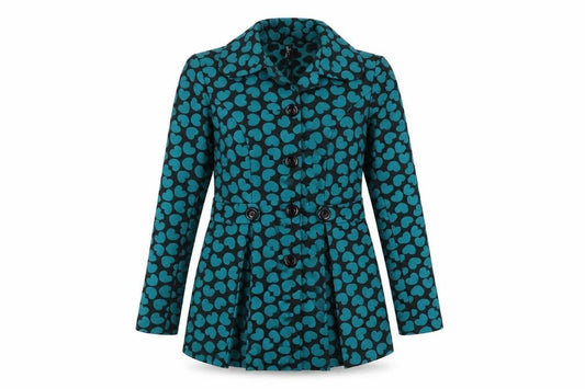 Front view of World Wide Wear women’s green overcoat coat, size UK 6, button - hearts