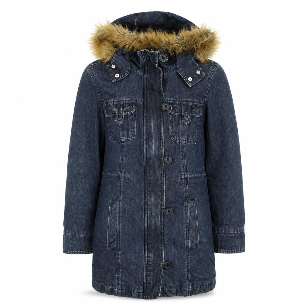 Front view of RE women’s blue parka coat, size UK 42, zip