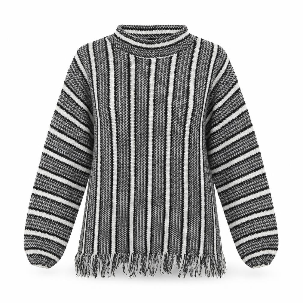 Front view of Topshop women’s grey high neck striped polyester jumper, size UK 8