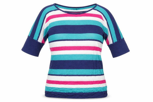 Front view of Pomodoro women’s multicoloured boat neck striped viscose jumper, size UK 14