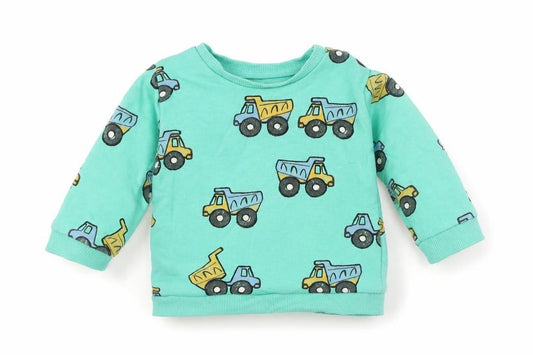 Front view of Marks & Spencer Green Polyester jumper, size 3-6, Months Pullover - Tractors