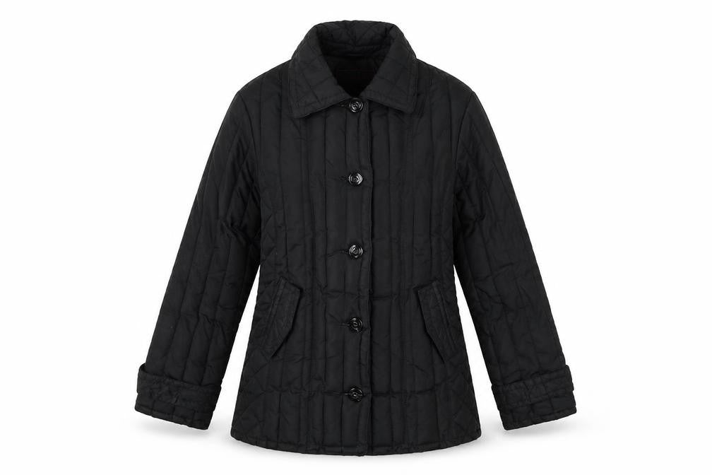Front view of Per Una women’s black quilted coat, size M, button - fake pockets