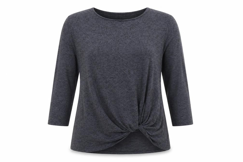 Front view of Matty M women’s blue round neck rayon jumper, size S, - tie detail