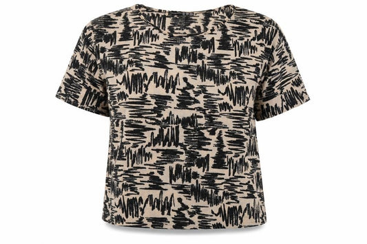 Front view of Atmosphere women’s beige geometric polyester basic t-shirt, size UK 14, round neck