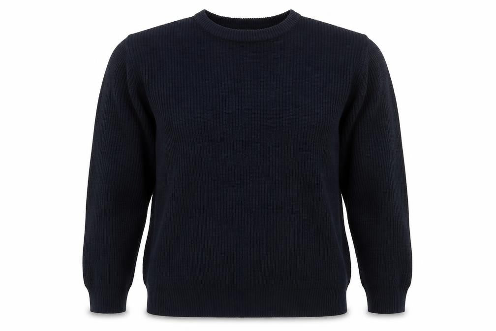 Front view of Authentic men’s blue round neck acrylic jumper, size M