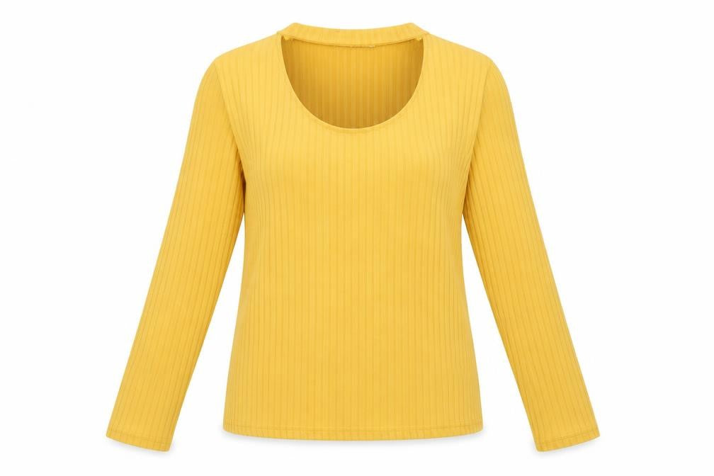 Front view of Quiz women’s yellow crew neck polyester jumper, size UK 14