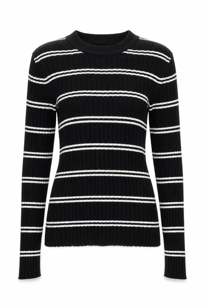 Front view of H&M women’s black round neck striped acrylic jumper, size S