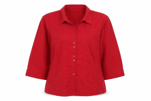 Front view of AMARANTO women’s red striped viscose basic button-up, size UK 16, collared