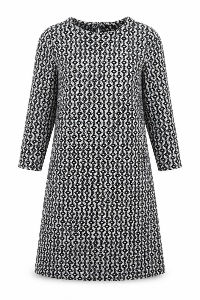 Front view of Rainbow women’s black geometric polyester a-line, size XS, boat neck pullover