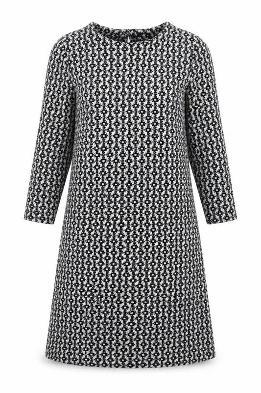 Front view of Rainbow women’s black geometric polyester a-line, size XS, boat neck pullover