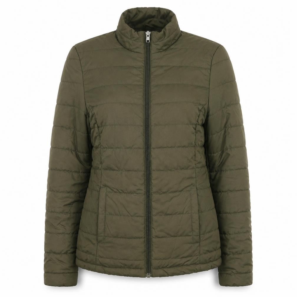 Front view of Marks & Spencer women’s green puffer jacket jacket, size UK 6, zip
