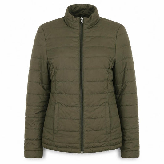 Front view of Marks & Spencer women’s green puffer jacket jacket, size UK 6, zip