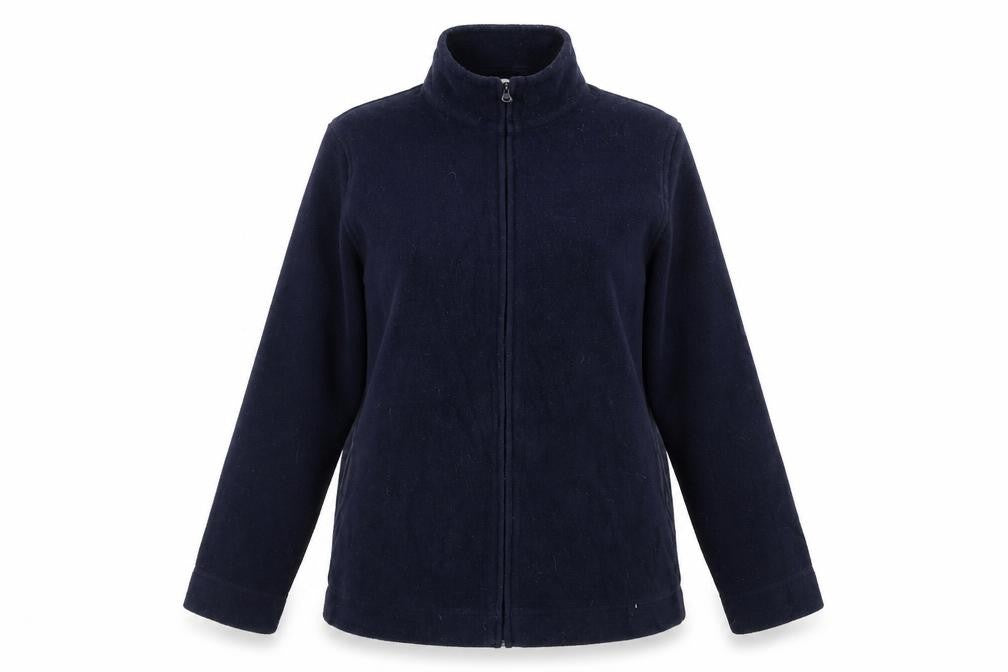 Front view of EWM women’s blue polyester full zip sweatshirt, size UK 14, zip