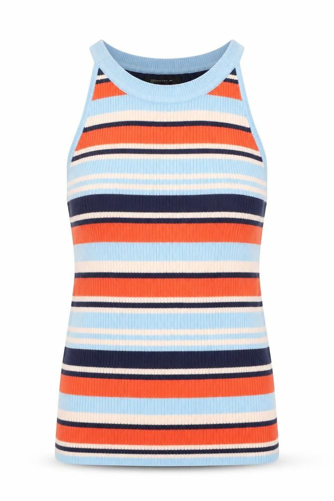 Front view of Atmosphere women’s multicoloured round neck striped viscose vest jumper, size UK 10