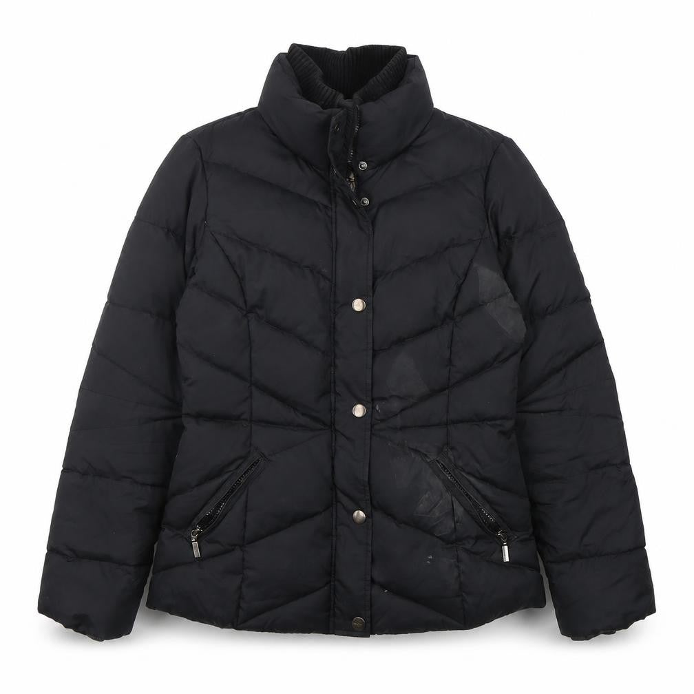 Front view of ESPRIT women’s black puffer jacket jacket, size UK 10, zip