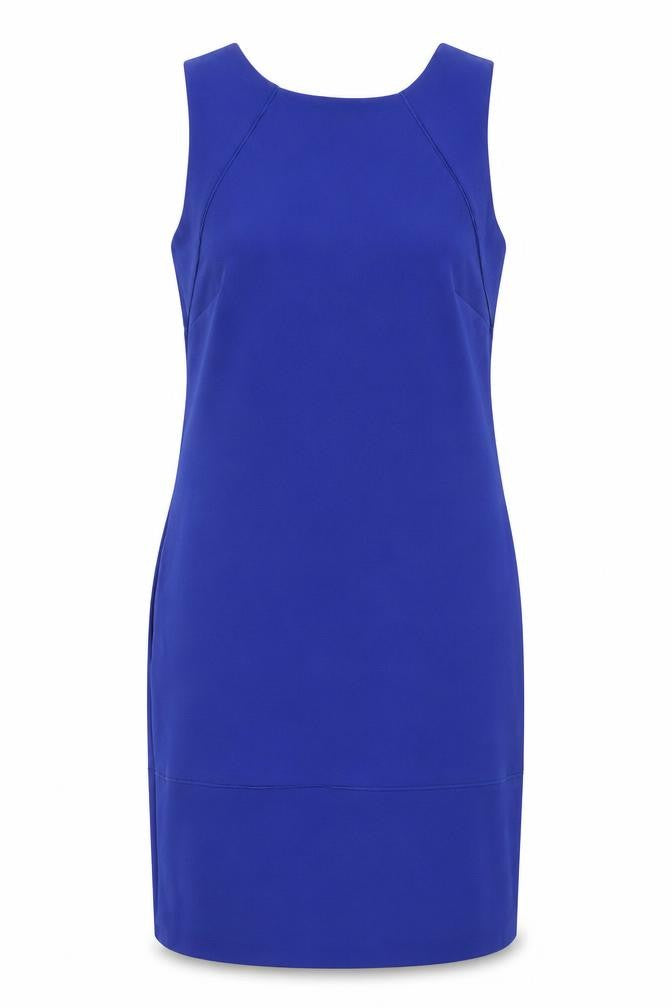 Front view of Coast women’s blue polyester pencil dress, size UK 12, scoop neck zip