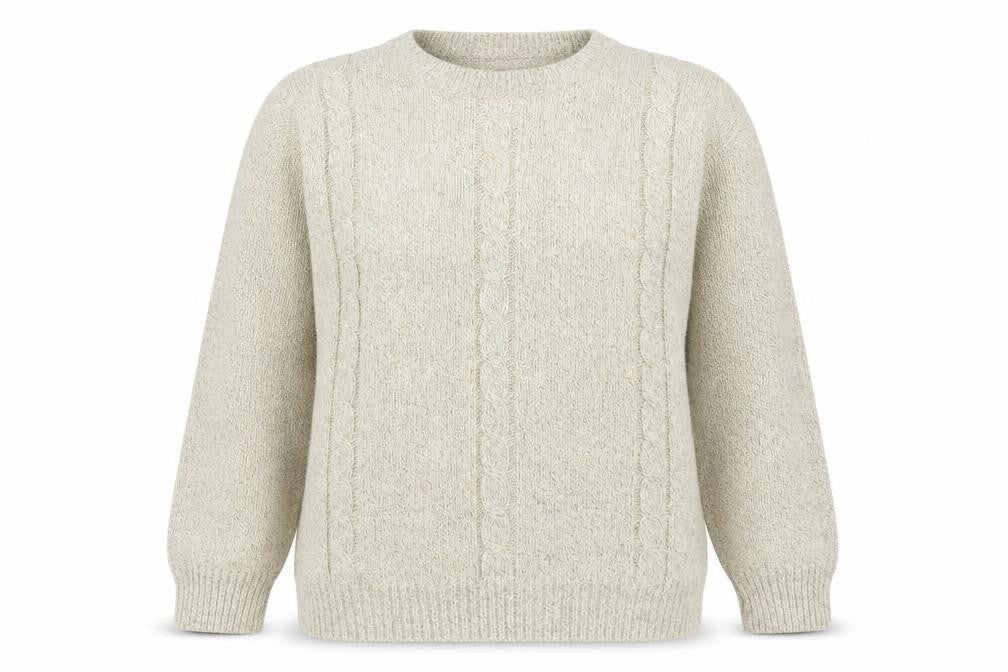 Front view of Bertex women’s beige round neck acrylic jumper, size UK 14