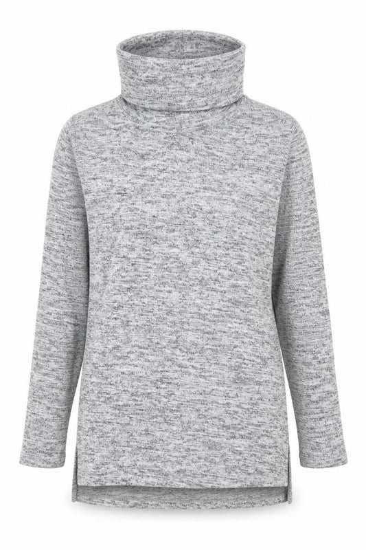 Front view of Okeysi women’s grey polyester basic t-shirt, size S, roll neck